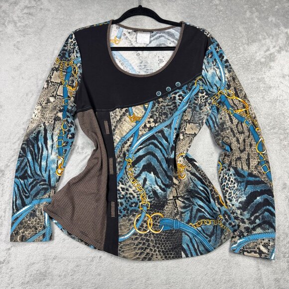 Vintage Equestrian Animal Print Blouse Eclectic Preppy Long Sleeve Y2K Leopard L - Picture 1 of 8